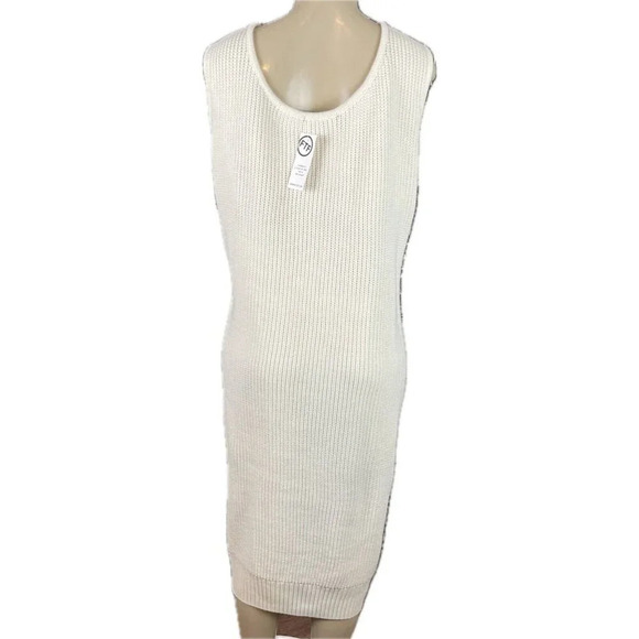 FTF +4 Eggshell Ribbed & Textured Knit Scoop Neck Below Knee Tank Sweater Dress - Picture 4 of 6